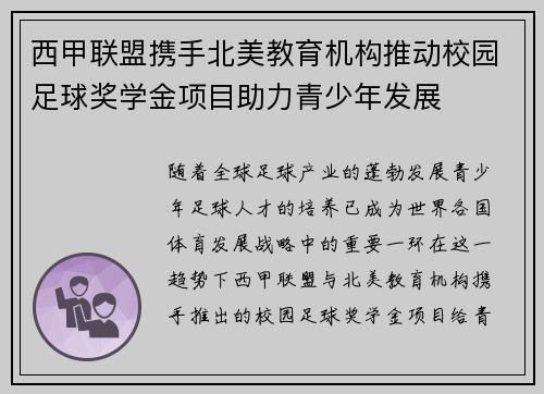 西甲联盟携手北美教育机构推动校园足球奖学金项目助力青少年发展 西甲联盟携手北美教育机构推动校园足球奖学金项目助力青少年发展