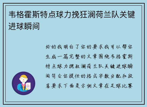 韦格霍斯特点球力挽狂澜荷兰队关键进球瞬间